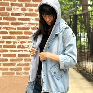 Jean Jacket with Grey Cotton Vest Liner with Hood